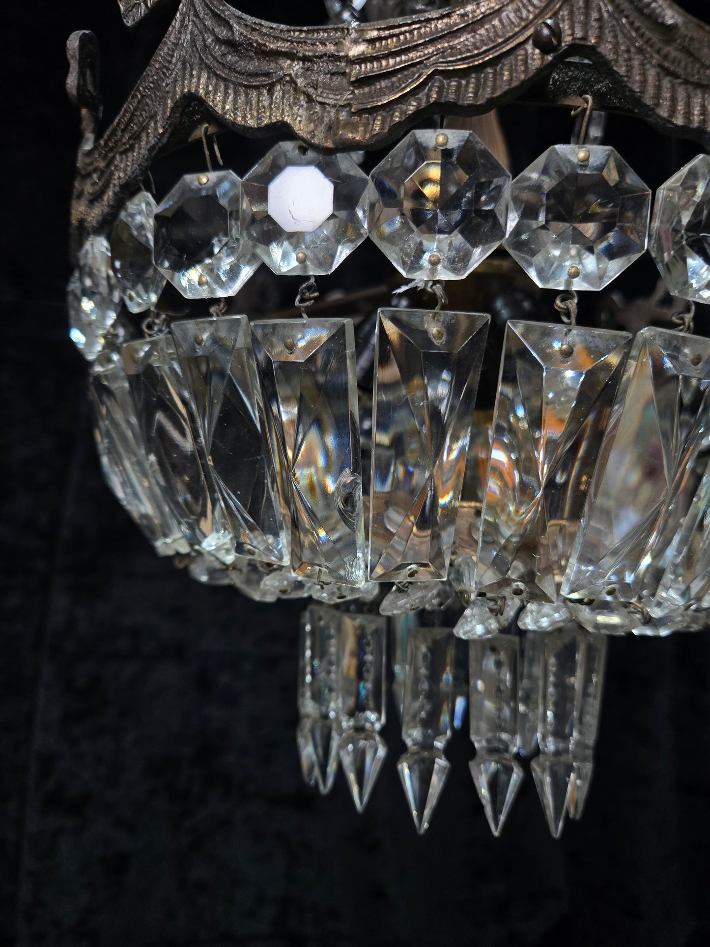 Beautiful Vintage Italian Brass 3 Light Crystal Bag Bows and Roses Chandelier