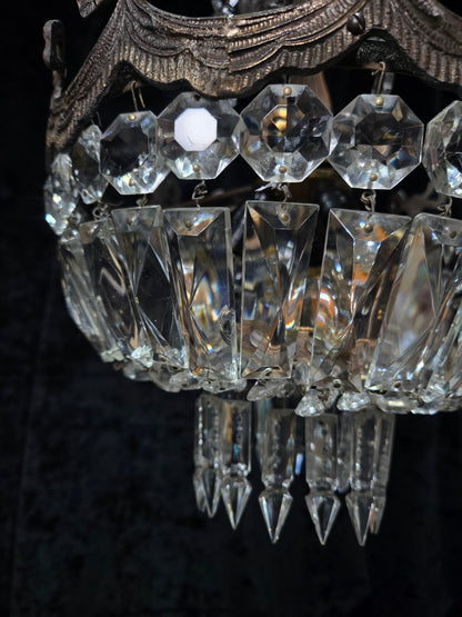 Beautiful Vintage Italian Brass 3 Light Crystal Bag Bows and Roses Chandelier