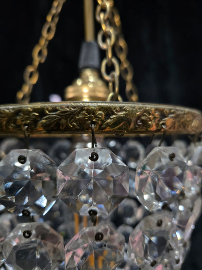 Petite Antique French Crystal Half Bag Brass 1 Light Chandelier Ceiling Light