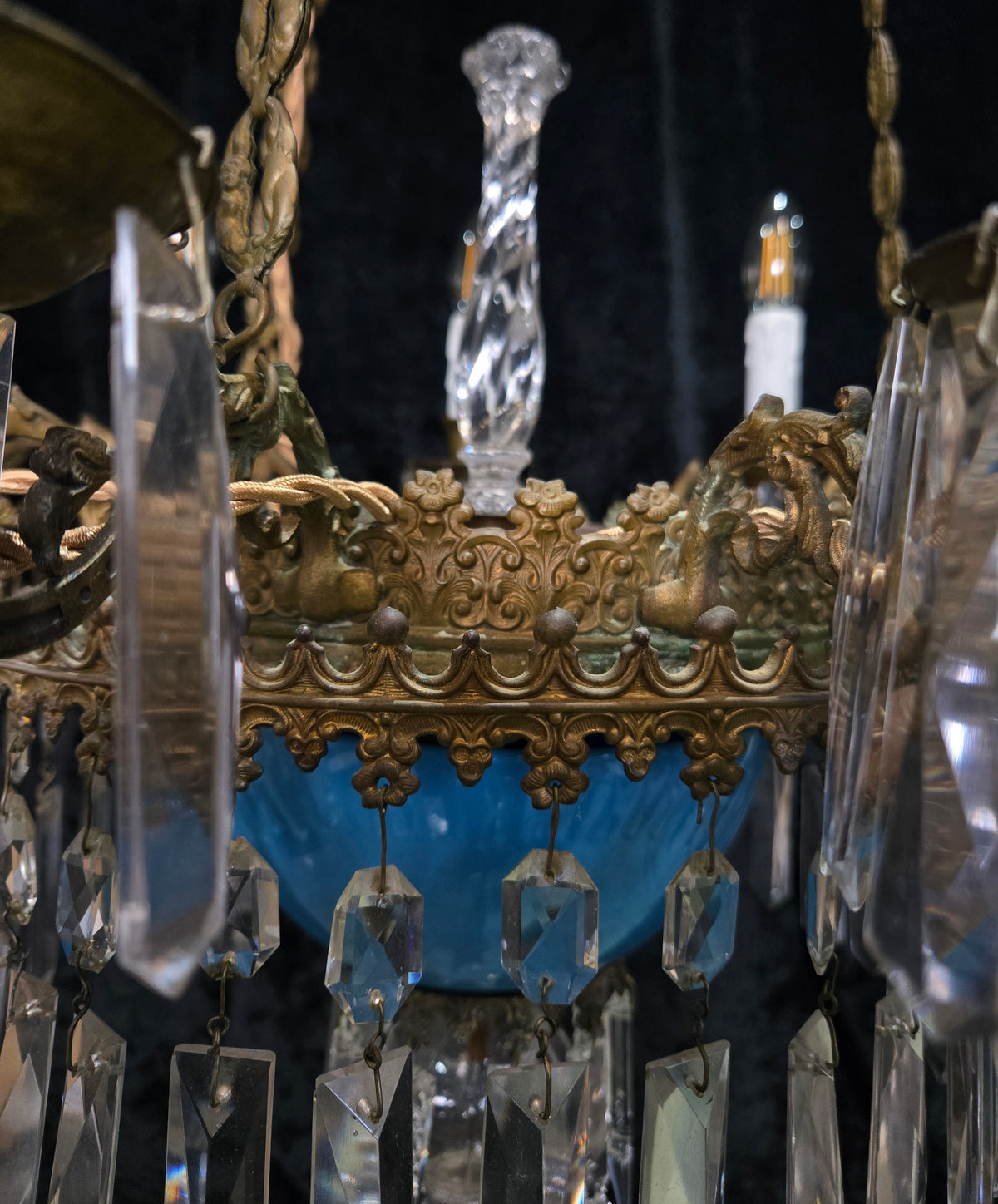 Exceptional Antique French Late 1800s 9 Arm Brass Blue Glass Crystal Chandelier