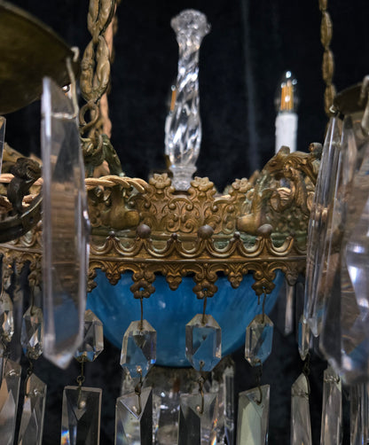 Exceptional Antique French Late 1800s 9 Arm Brass Blue Glass Crystal Chandelier