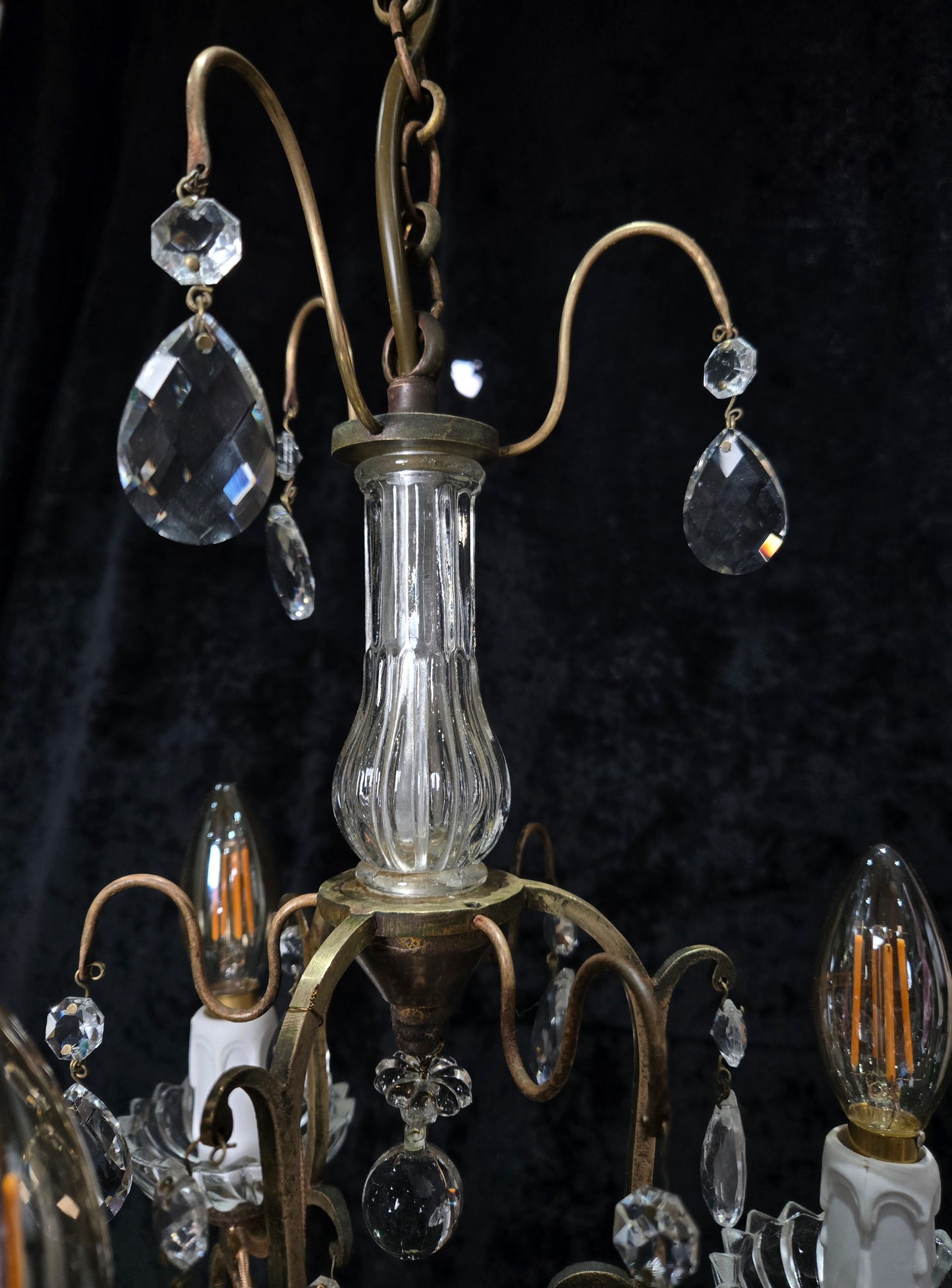 Lovely Petite Antique French 3 Arm Cage Brass Crystal Chandelier Ceiling Light