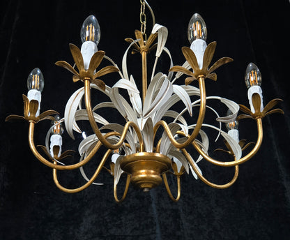 Lovely Vintage Italian MASCA Gilded Toleware 8 Arm Chandelier Ceiling Light