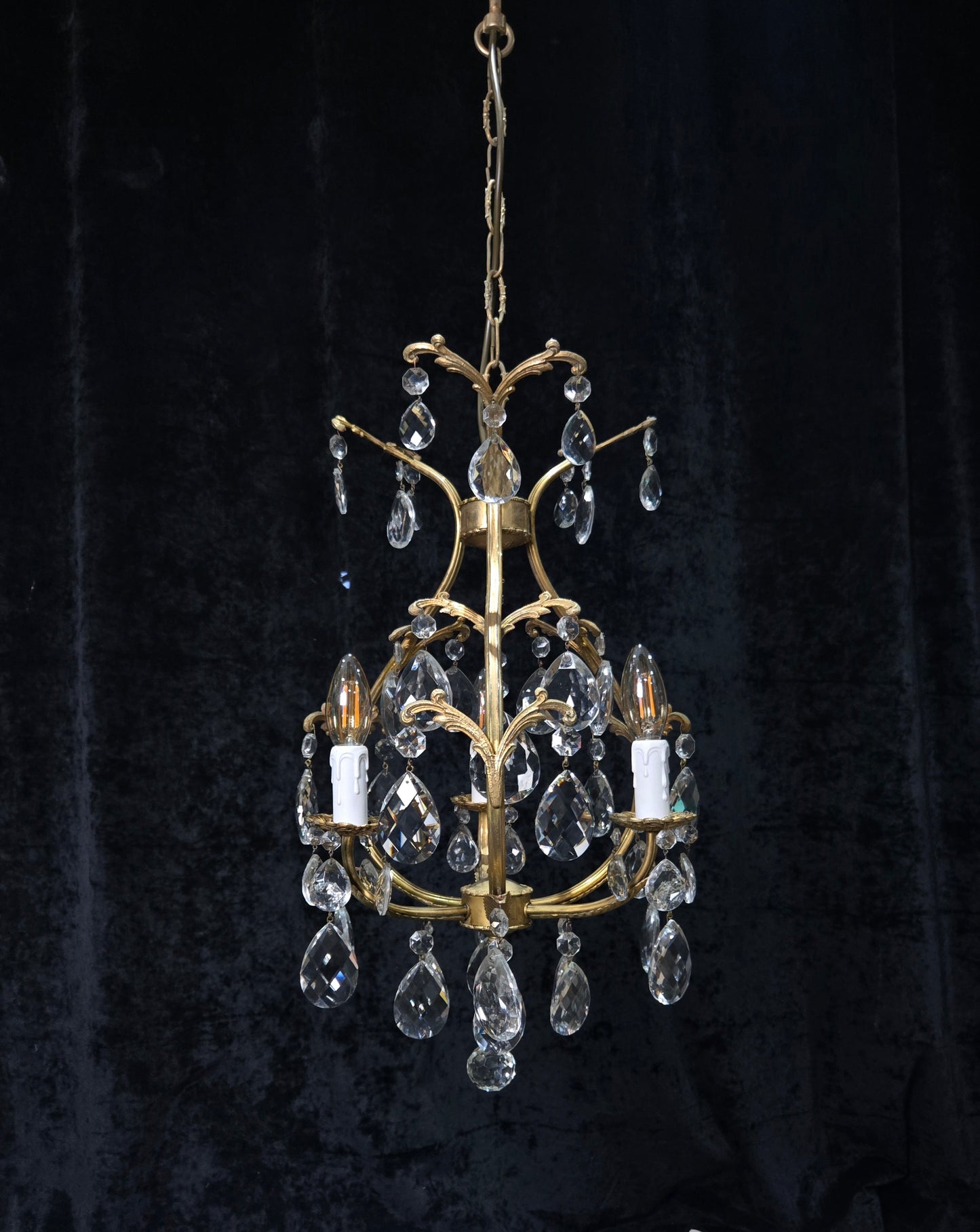 Beautiful Vintage Italian 3 Arm Brass Crystal Cage Chandelier Ceiling Light