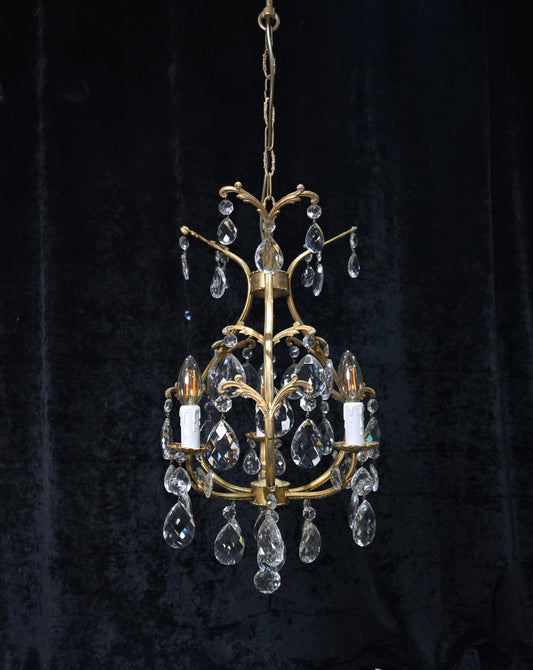 Beautiful Vintage Italian 3 Arm Brass Crystal Cage Chandelier Ceiling Light