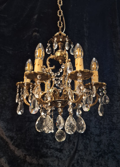 Beautiful Vintage French 6 Arm Brass Caged Crystal Chandelier Ceiling Light