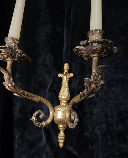 Decorative Pair of Antique French 2 Arm Solid Brass Candle Wall Lights Sconces