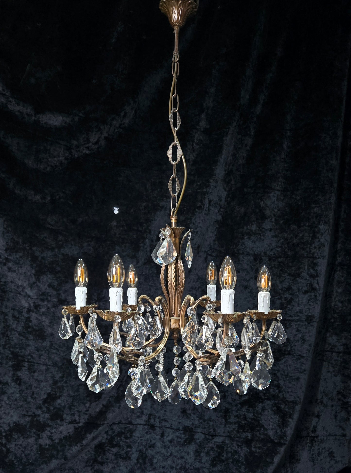 Fabulous Heavy Vintage Italian 6 Arm Leaf Crystal Chandelier Ceiling Light