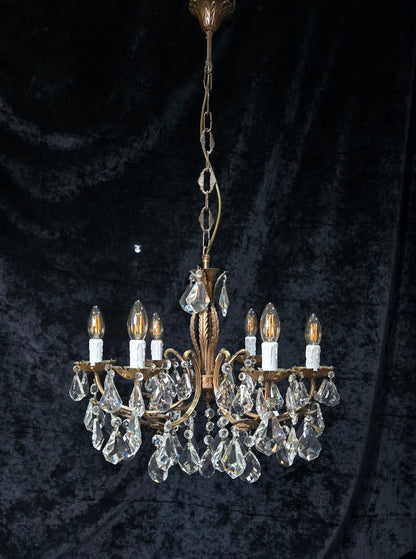 Fabulous Heavy Vintage Italian 6 Arm Leaf Crystal Chandelier Ceiling Light