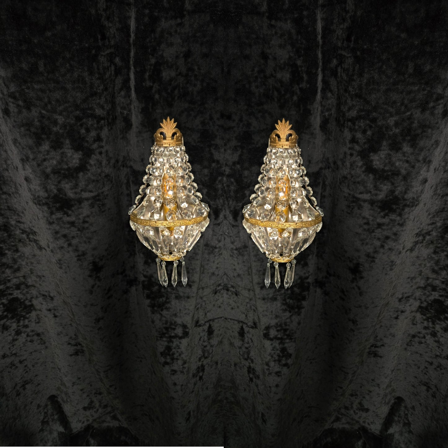 Stunning Pair Vintage French Brass Crystal Montgolfiere Sconces Wall Lights