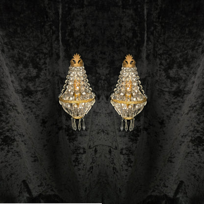 Stunning Pair Vintage French Brass Crystal Montgolfiere Sconces Wall Lights