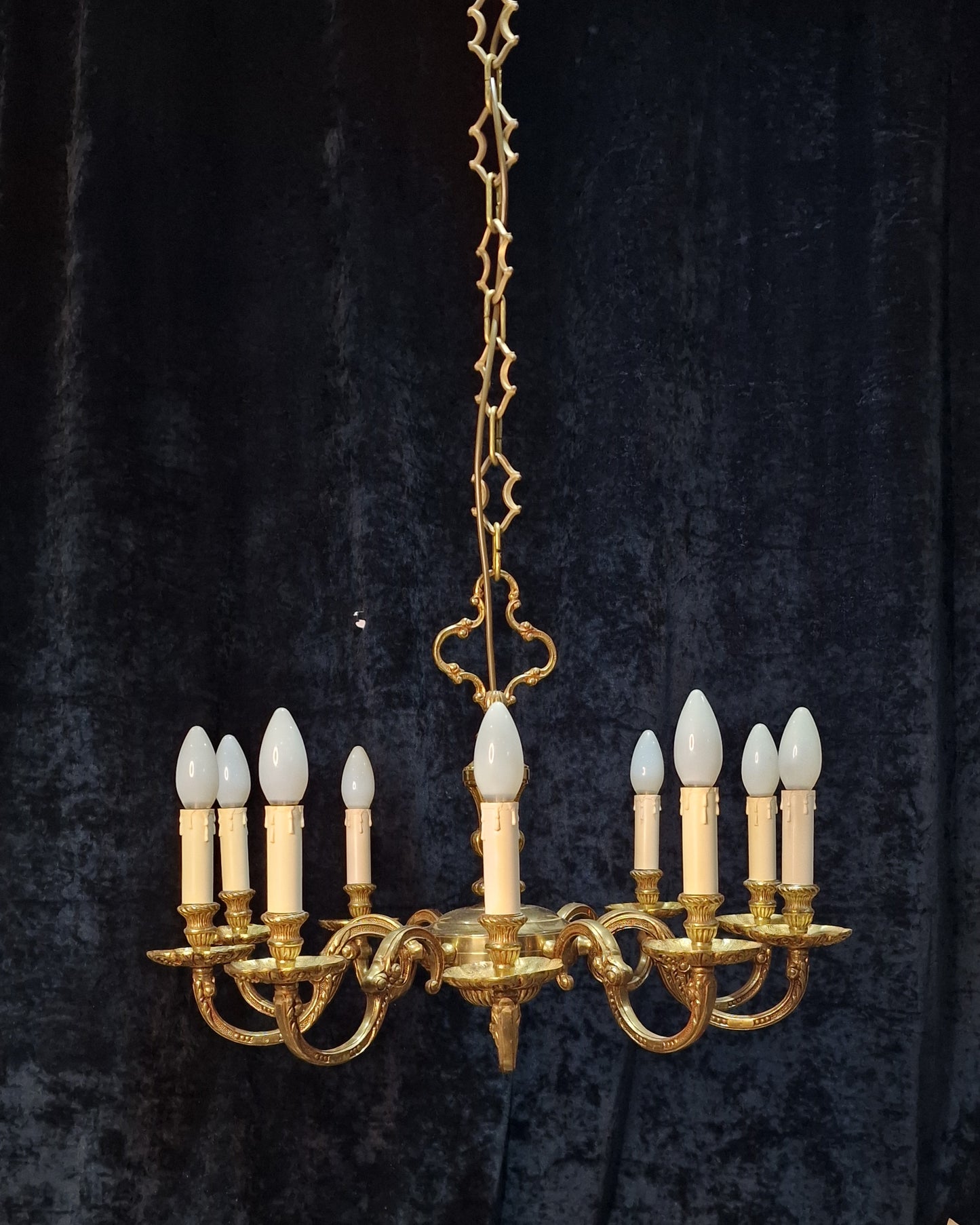 Stately Heavy Vintage French Empire Style 10 Arm Brass Chandelier Ceiling Light