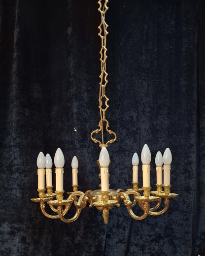 Stately Heavy Vintage French Empire Style 10 Arm Brass Chandelier Ceiling Light