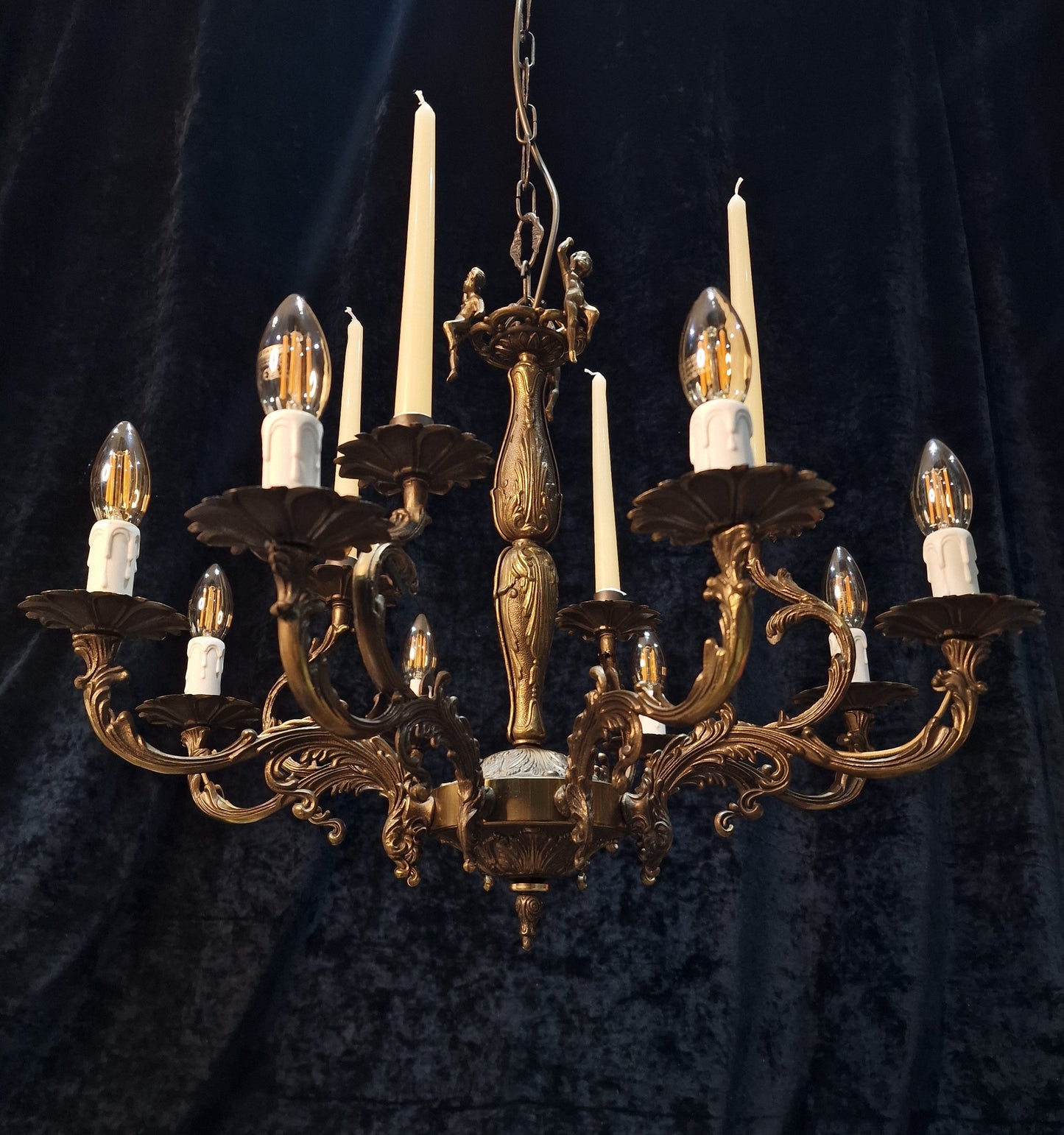 Decorative Vintage Italian Brass Cherub 8 Arm 4 Candle Chandelier Ceiling Light