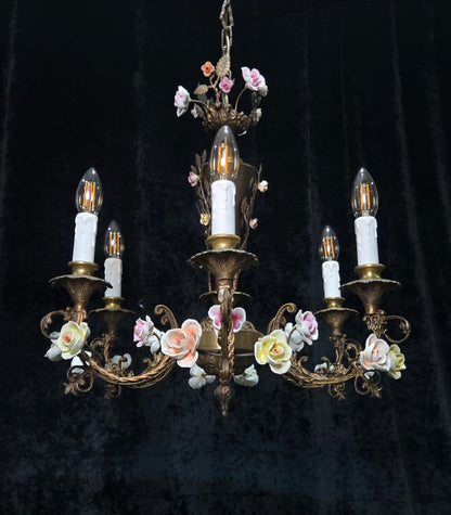 Fabulous Vintage Italian 6 Arm Brass Florentine Flower Roses Chandelier Light