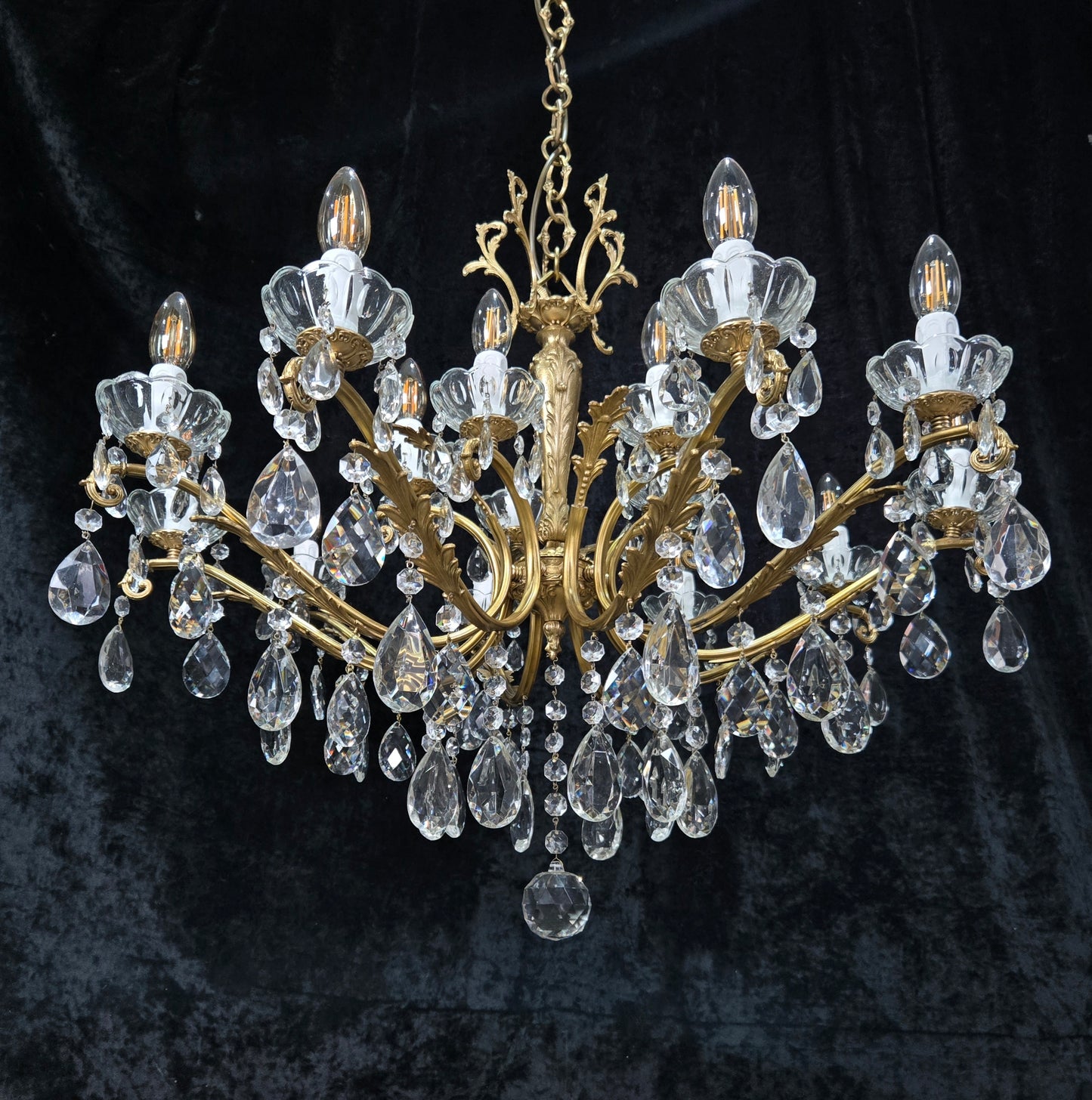 Fabulous Large Vintage Italian Heavy 10 Arm 15 Light Brass Crystal Chandelier