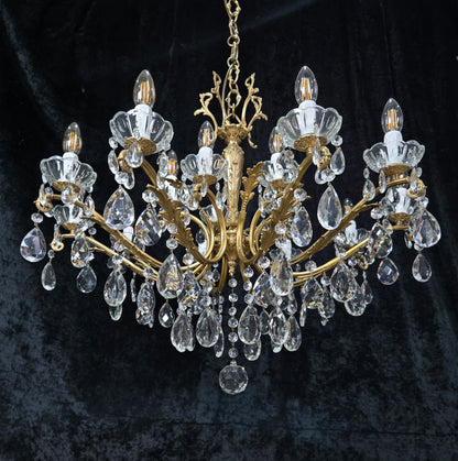 Fabulous Large Vintage Italian Heavy 10 Arm 15 Light Brass Crystal Chandelier