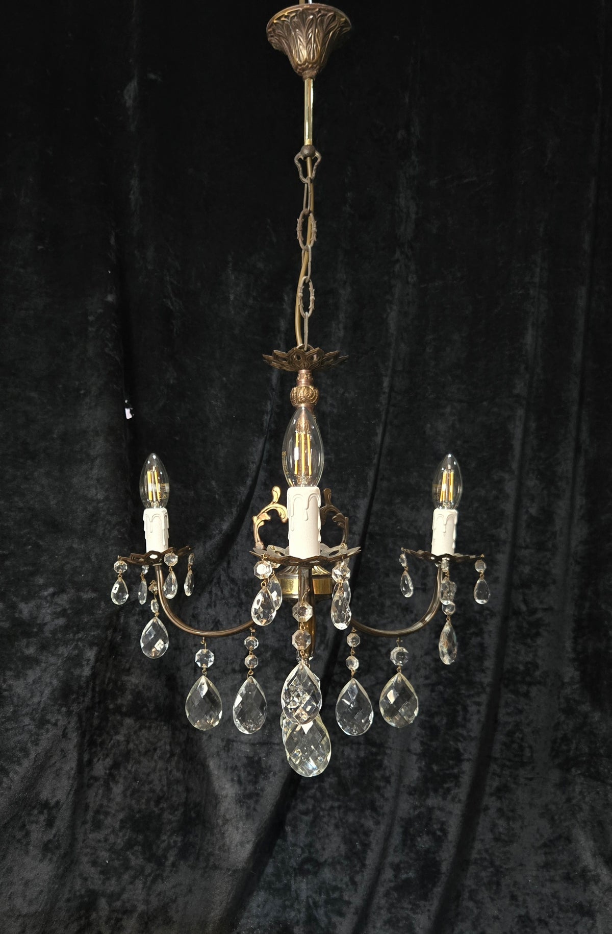 Lovely Vintage Italian 3 Arm Brass and Crystal Chandelier Ceiling Light