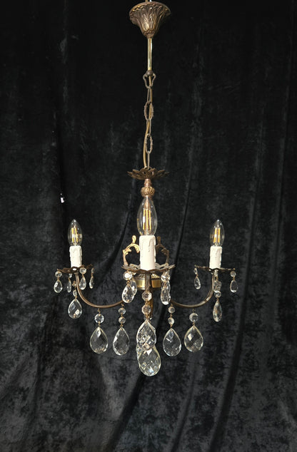 Lovely Vintage Italian 3 Arm Brass and Crystal Chandelier Ceiling Light