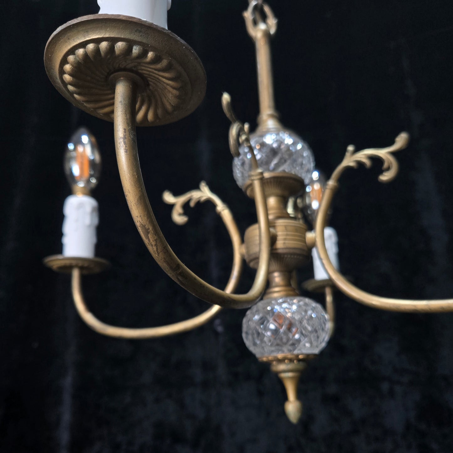 Classical Vintage French 4 Arm Lacquered Brass Crystal Chandelier Ceiling Light