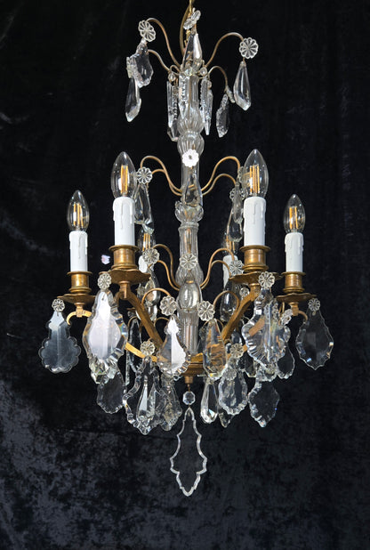 Traditional Tall Antique French 6 Arm Brass Crystal 3 Tier Chandelier Light