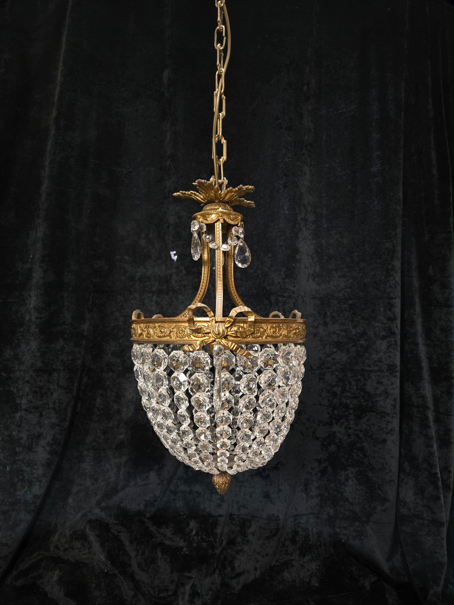 Traditional Antique French 3 Light Brass Bronze Crystal Empire Chandelier