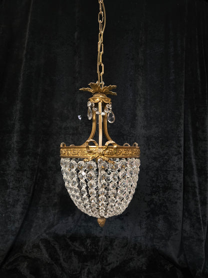 Traditional Antique French 3 Light Brass Bronze Crystal Empire Chandelier