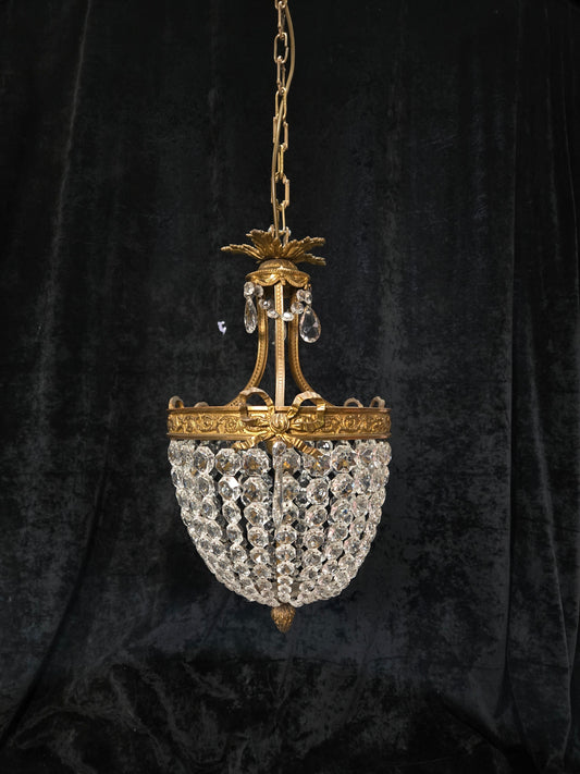 Traditional Antique French 3 Light Brass Bronze Crystal Empire Chandelier