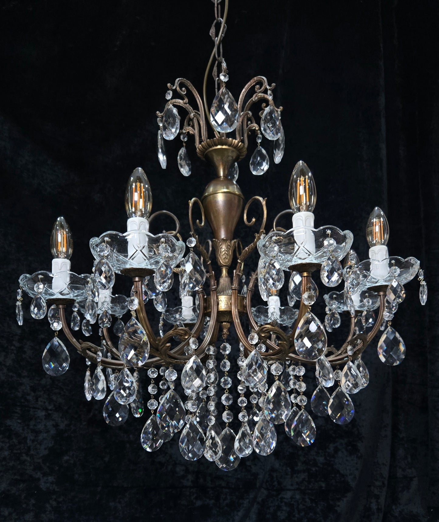 Fabulous Large Vintage Italian Heavy 8 Arm Leaf Crystal Chandelier Ceiling Light