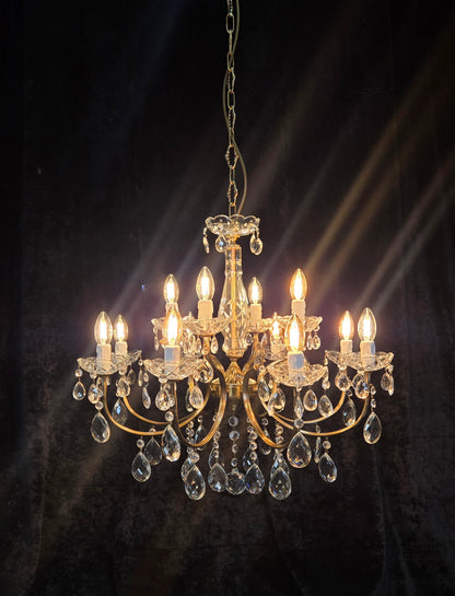 Classical Vintage Italian 8 Arm 12 Light Brass Crystal Chandelier Ceiling Light
