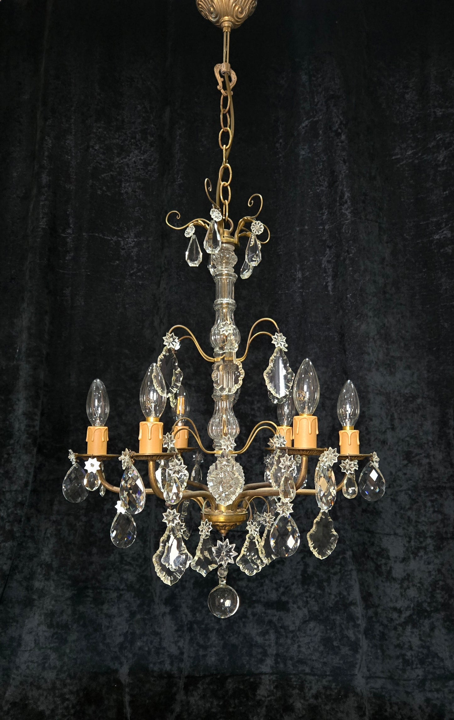 Beautiful Antique French 6 Arm Brass 3 Tier Crystal Chandelier Ceiling Light