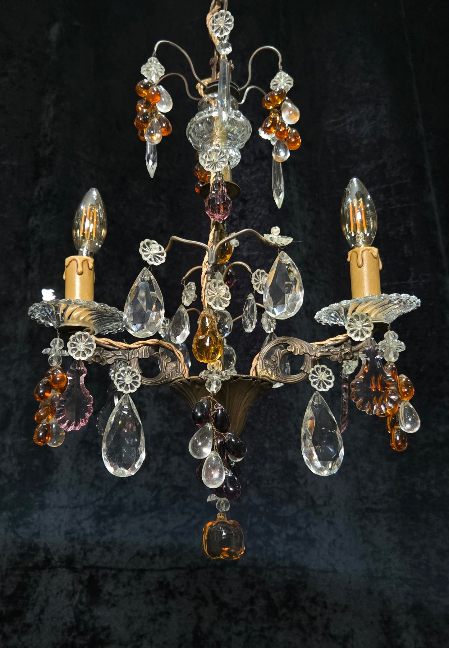 Fabulous Antique French 2 Arm Caged Murano Crystal Brass Chandelier Light
