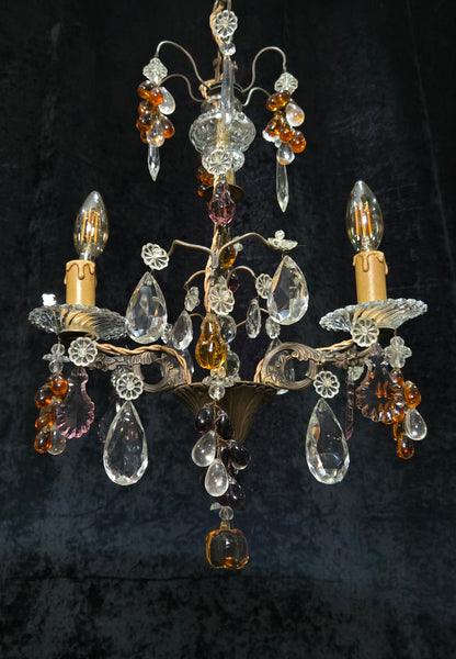 Fabulous Antique French 2 Arm Caged Murano Crystal Brass Chandelier Light