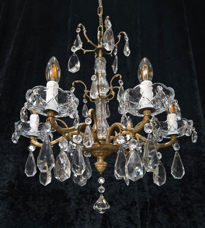 Fabulous Antique French 6 Arm Brass 2 Tier Crystal Chandelier Ceiling Light
