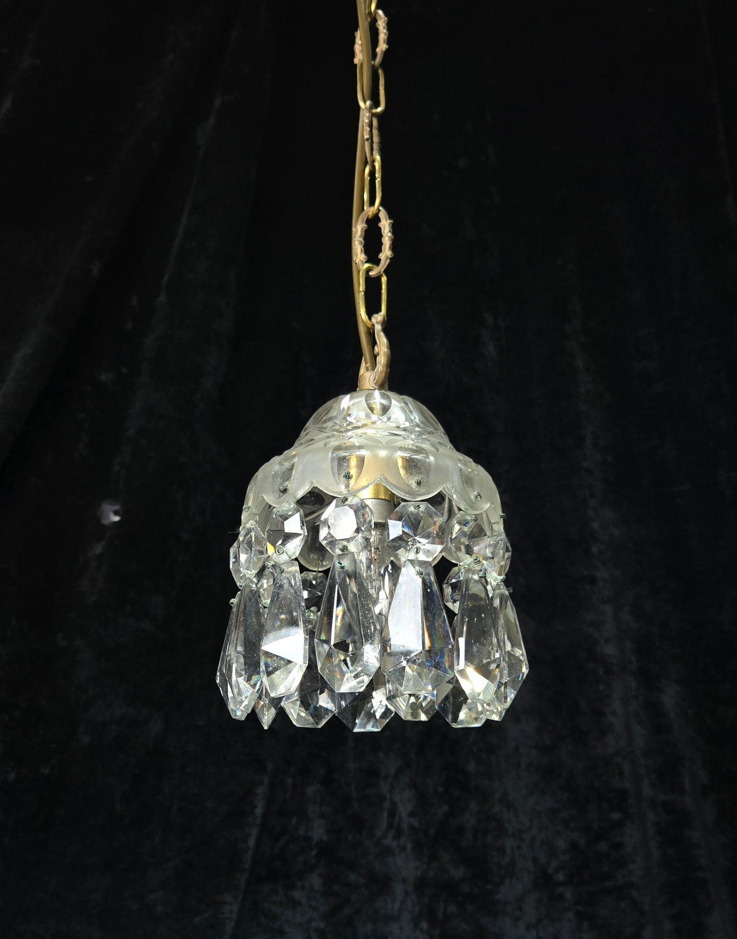 Beautiful Petite Cut Glass Crystal Antique Shade Brass Pendant Light Chandelier