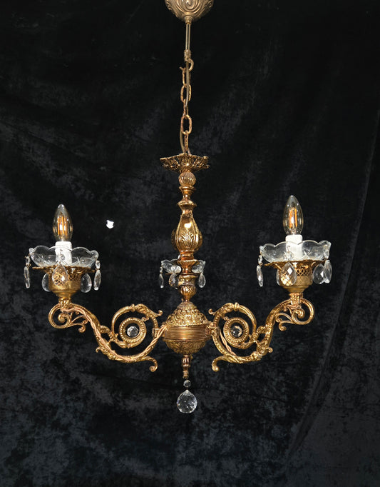 Decorative Large Vintage 3 Arm Gilded Crystal Glass Chandelier Ceiling Light