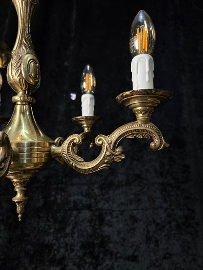 Classical Vintage French 5 Arm Brass Rococo Style Chandelier Ceiling Light