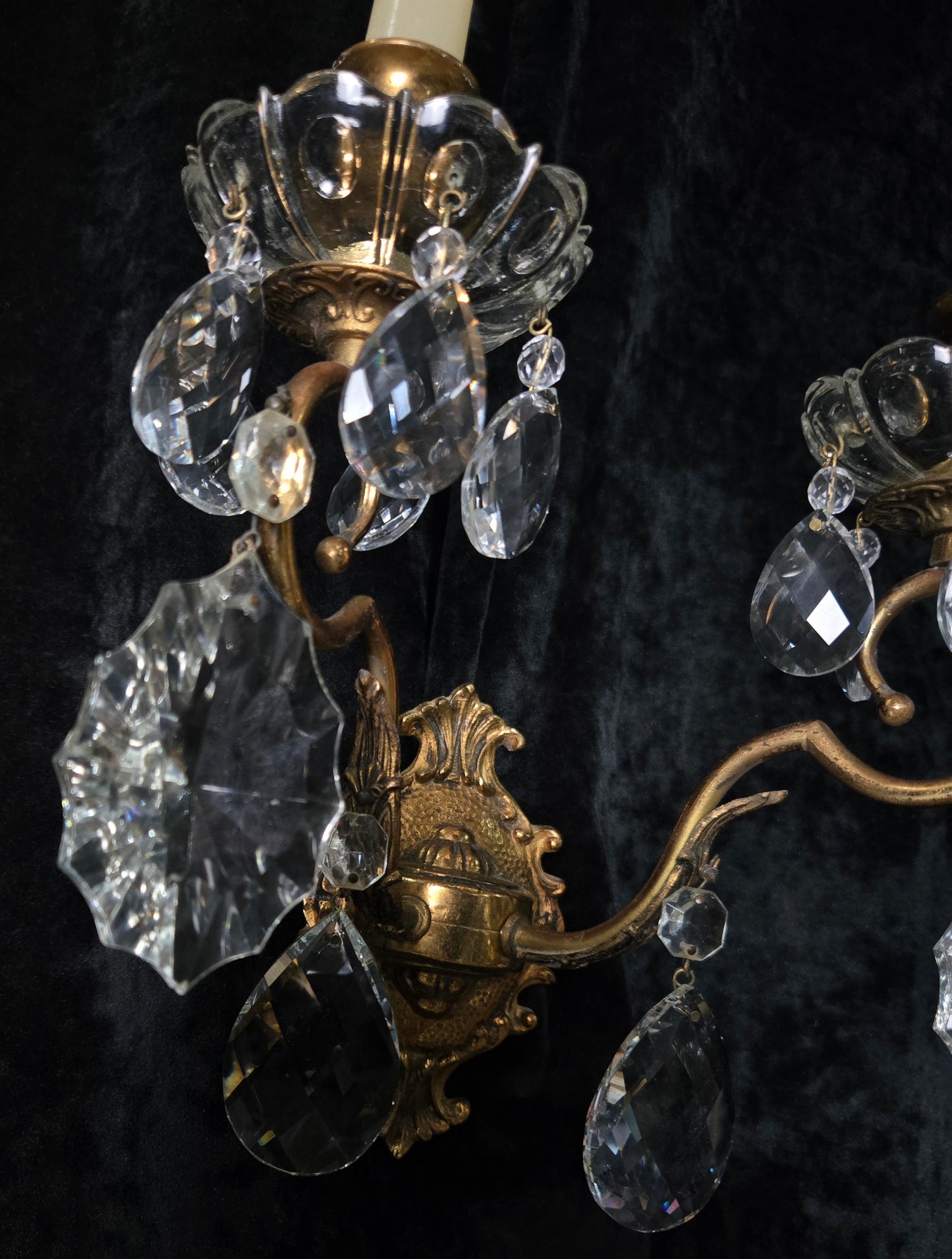 Gorgeous Pair of Vintage Italian 2 Arm Brass Crystal Candle Wall Lights Sconces