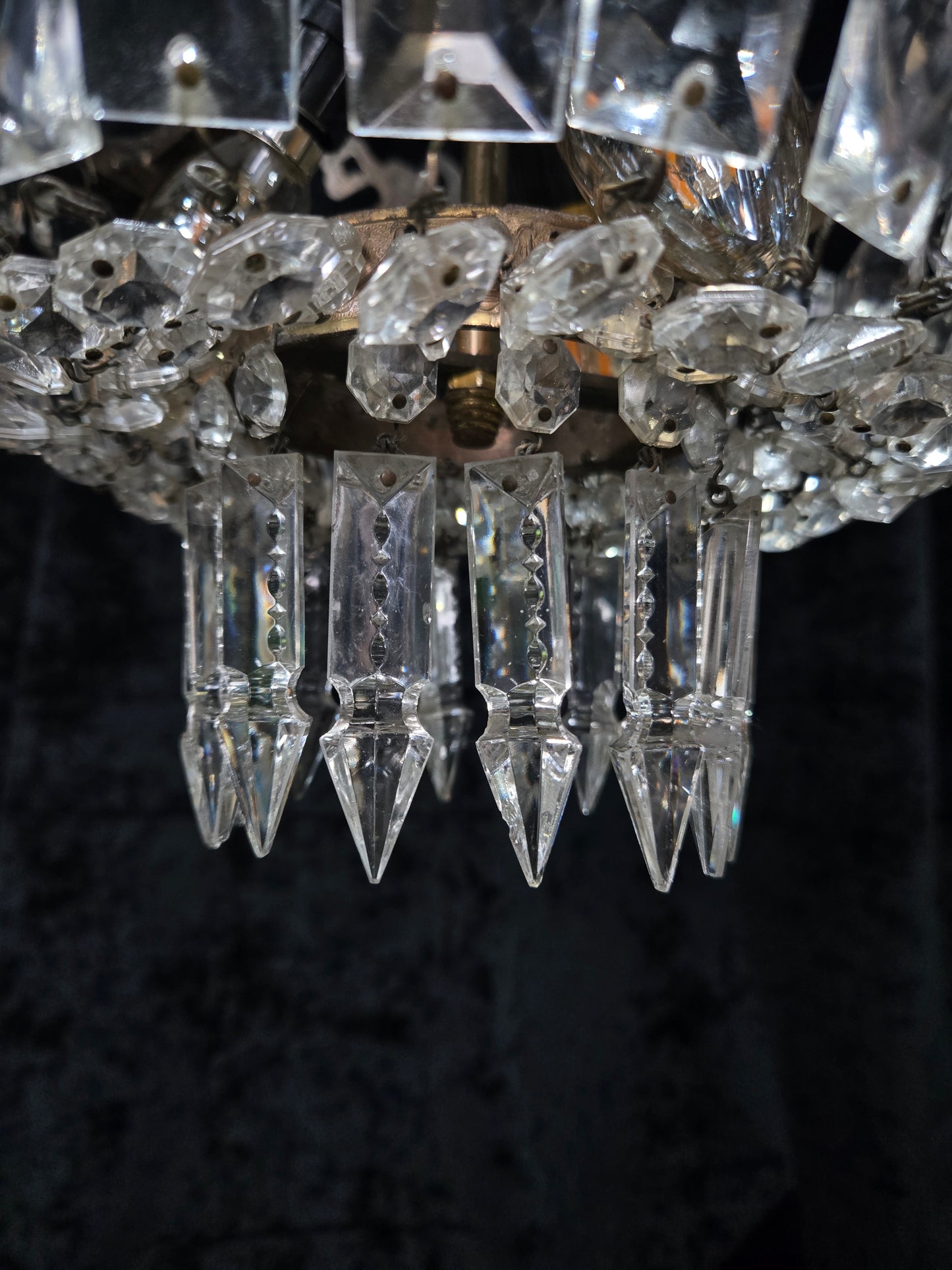 Beautiful Vintage Italian Brass 3 Light Crystal Bag Bows and Roses Chandelier
