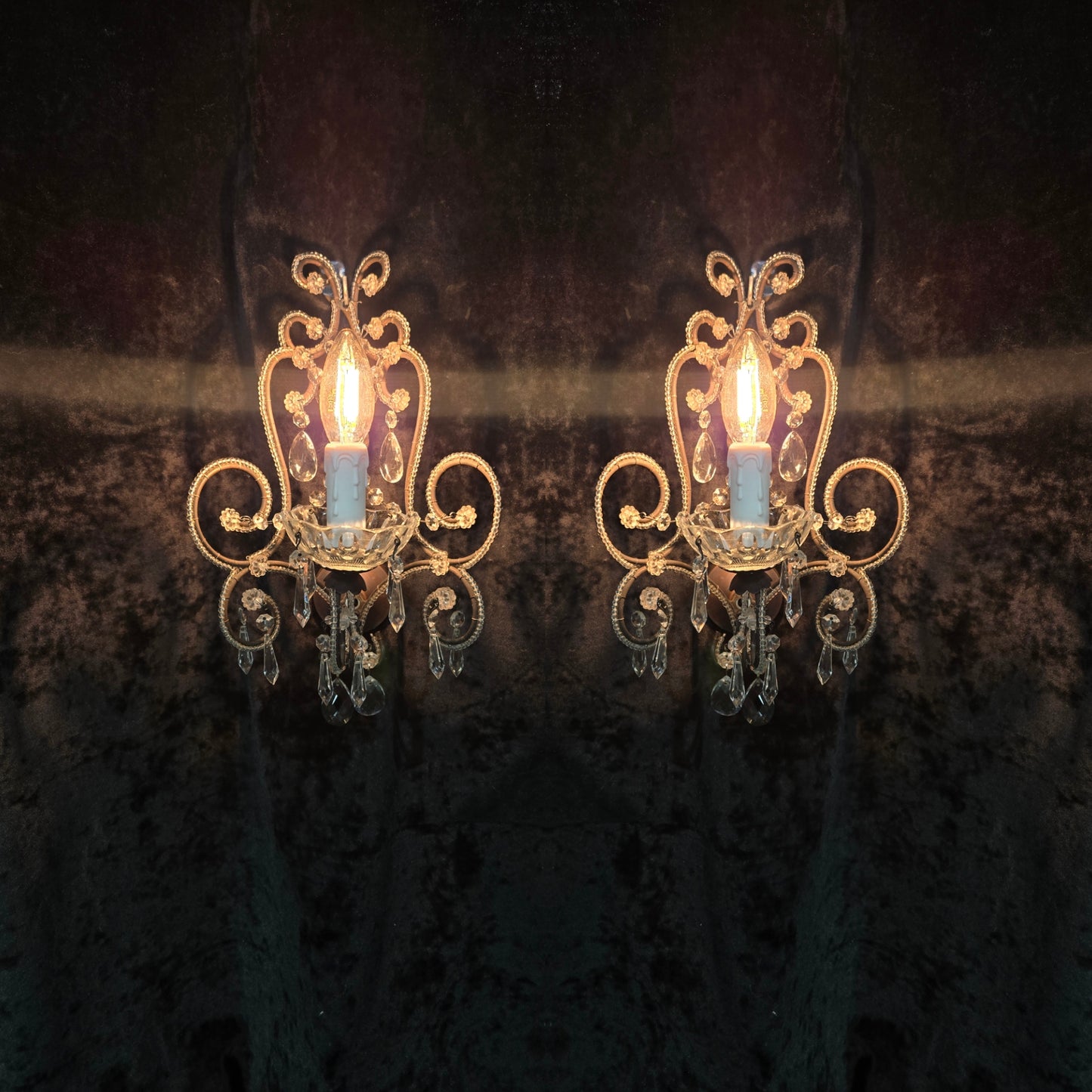 Elegant Pair Vintage Italian Venetian Style Crystal Glass and Iron Wall Lights