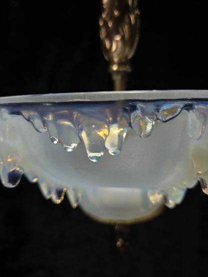 Unique Vintage 3 Light Brass EZAN Vaseline Glass Flush Ceiling Pendant Lantern