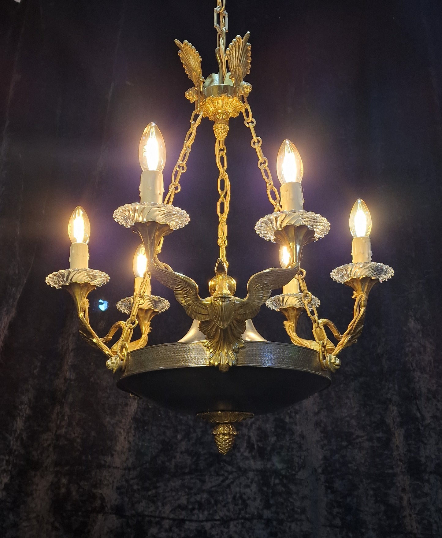 Stately Heavy Vintage French 6 Light Brass Empire Swans Lionheads Chandelier