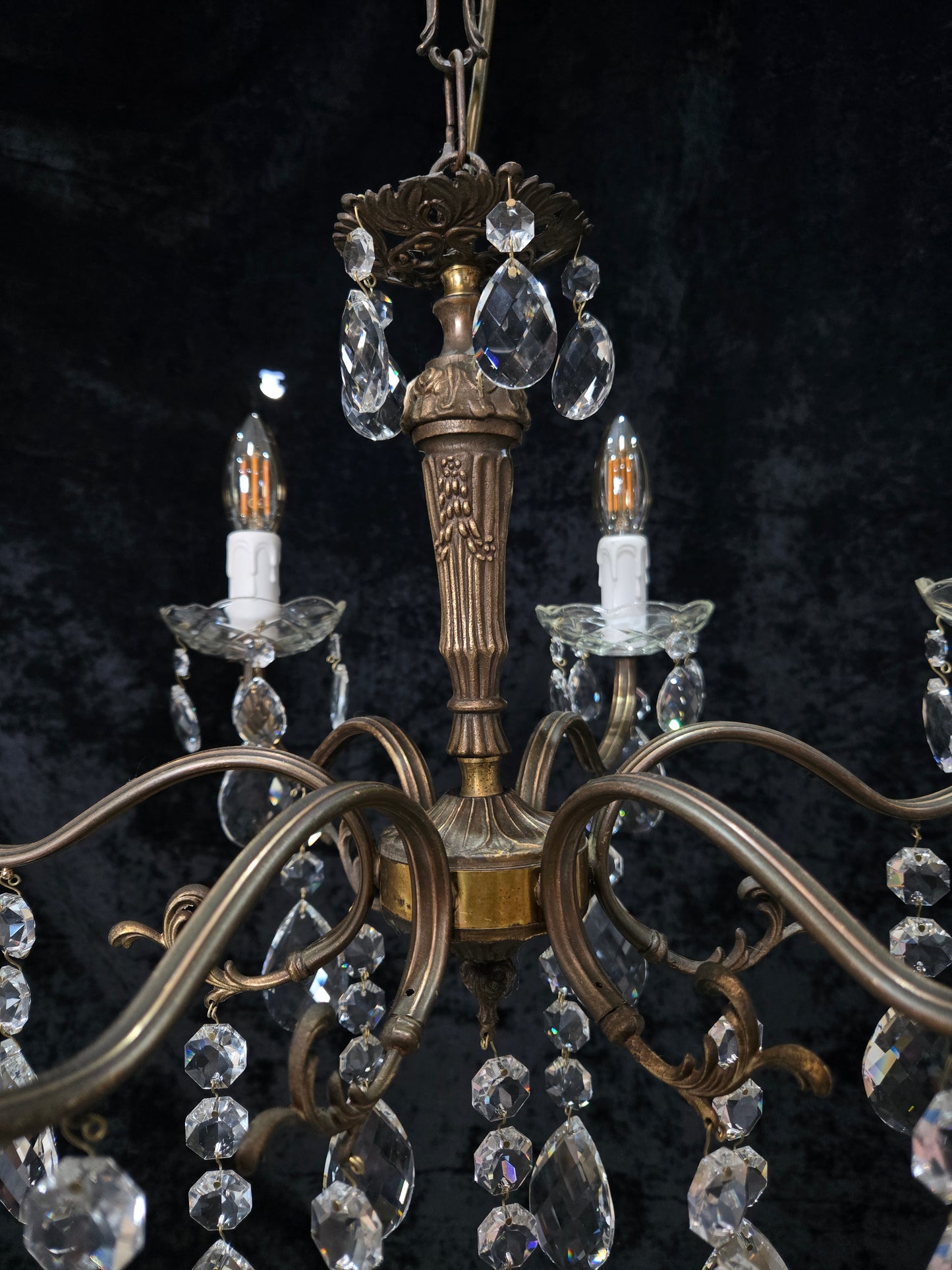 Traditional Vintage French 6 Arm Brass Crystal Glass Chandelier Ceiling Light