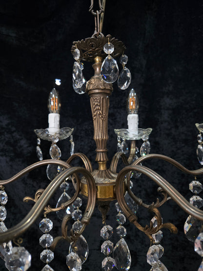 Traditional Vintage French 6 Arm Brass Crystal Glass Chandelier Ceiling Light
