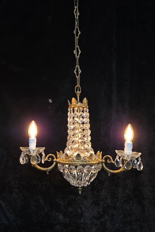 Traditional Vintage French 3 Arm Brass and Crystal Montgolfiere Bag Chandelier