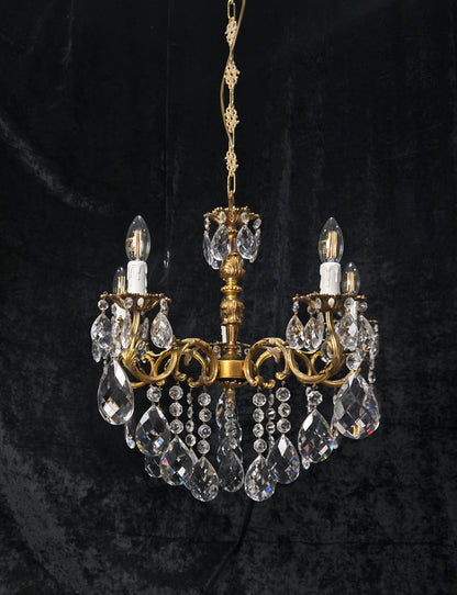 Fabulous Vintage French 5 Arm Brass Heavy Crystal Leaf Chandelier Ceiling Light