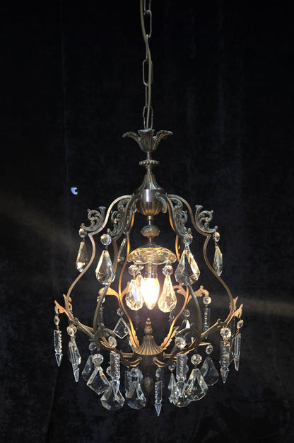 Elegant Vintage Italian 1 Light Cage Crystal Brass Chandelier Ceiling Light