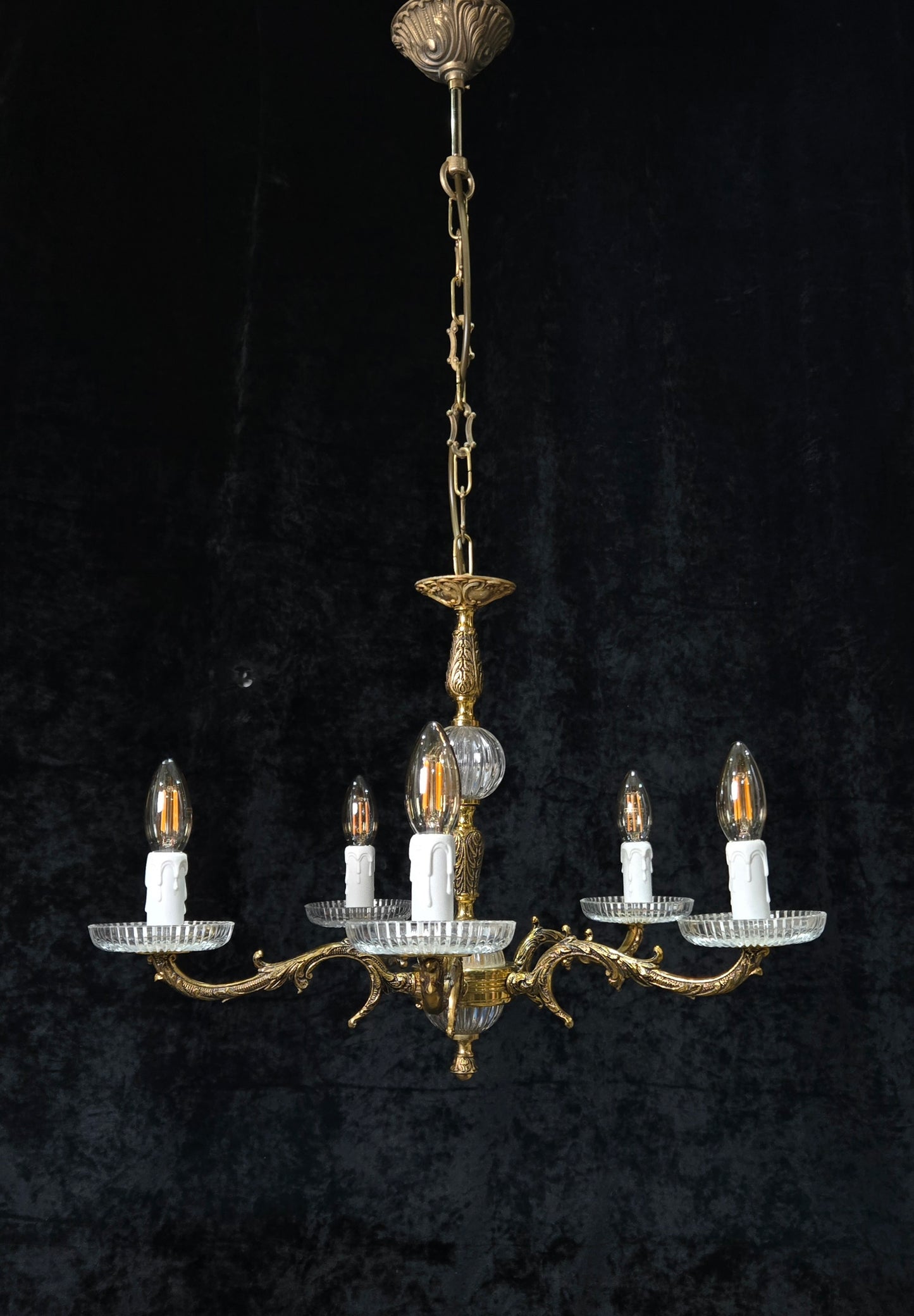 Classical Vintage 5 Arm Brass and Glass Chandelier Ceiling Light