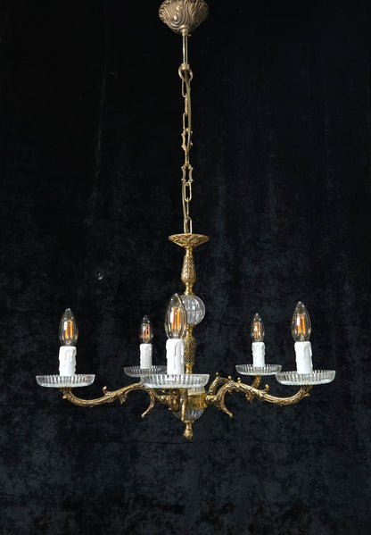 Classical Vintage 5 Arm Brass and Glass Chandelier Ceiling Light