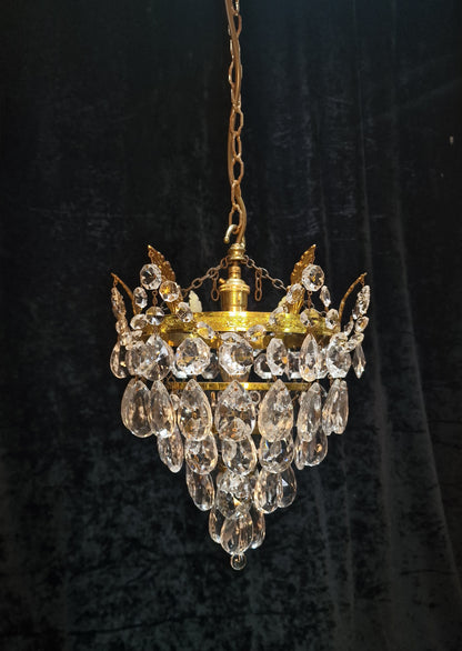 Lovely Vintage French Brass 1 Light Crystal Glass 4 Tier Waterfall Leaf Chandelier